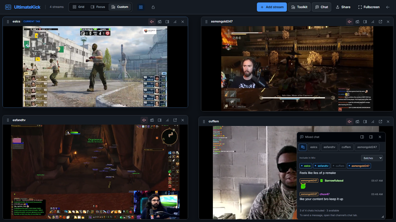 UltimateKick Custom layout in GitHub Dark with blue controls, three manually arranged stream panels and a floating mixed chat panel.