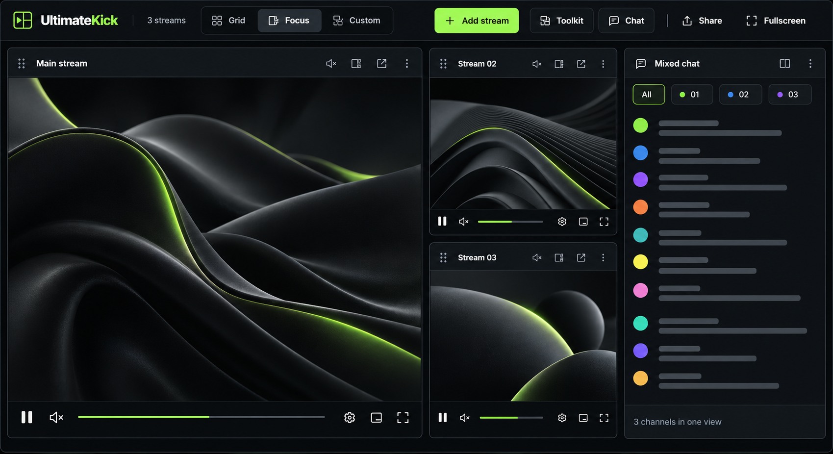Illustrative UltimateKick Focus layout: one large main stream, two smaller streams beside it and a mixed chat panel. Abstract visuals replace streamer footage.